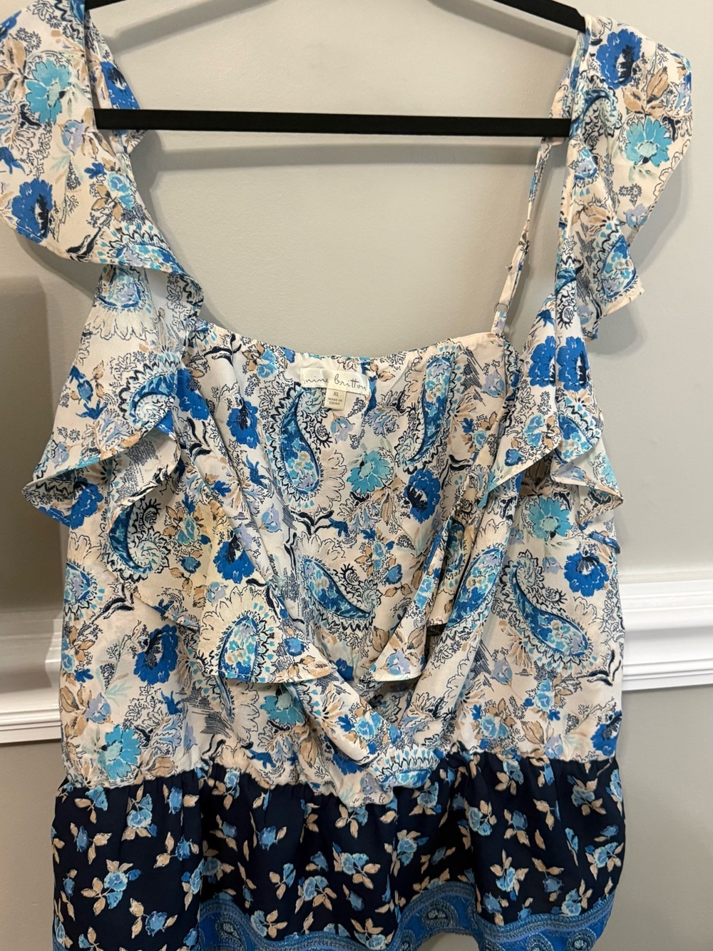 nine britton Blue Paisley Ruffle Tank Top